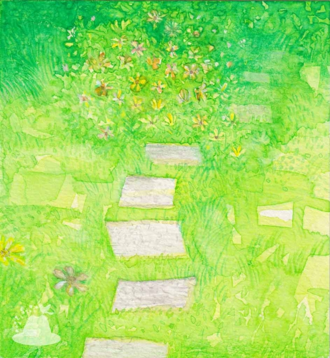 踏石のある庭の水彩画