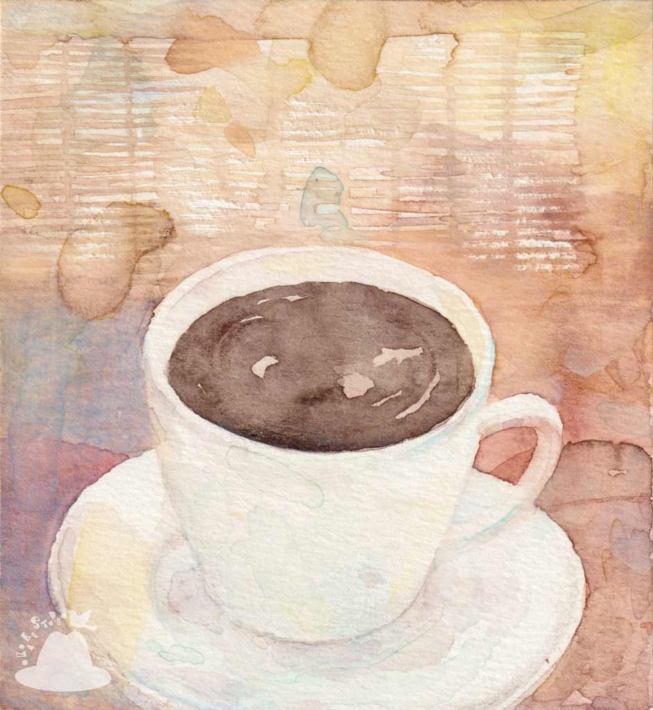 白いカップに入ったコーヒーの水彩画
