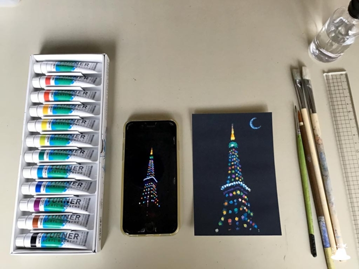 使用画材と東京タワーの画像と絵の写真